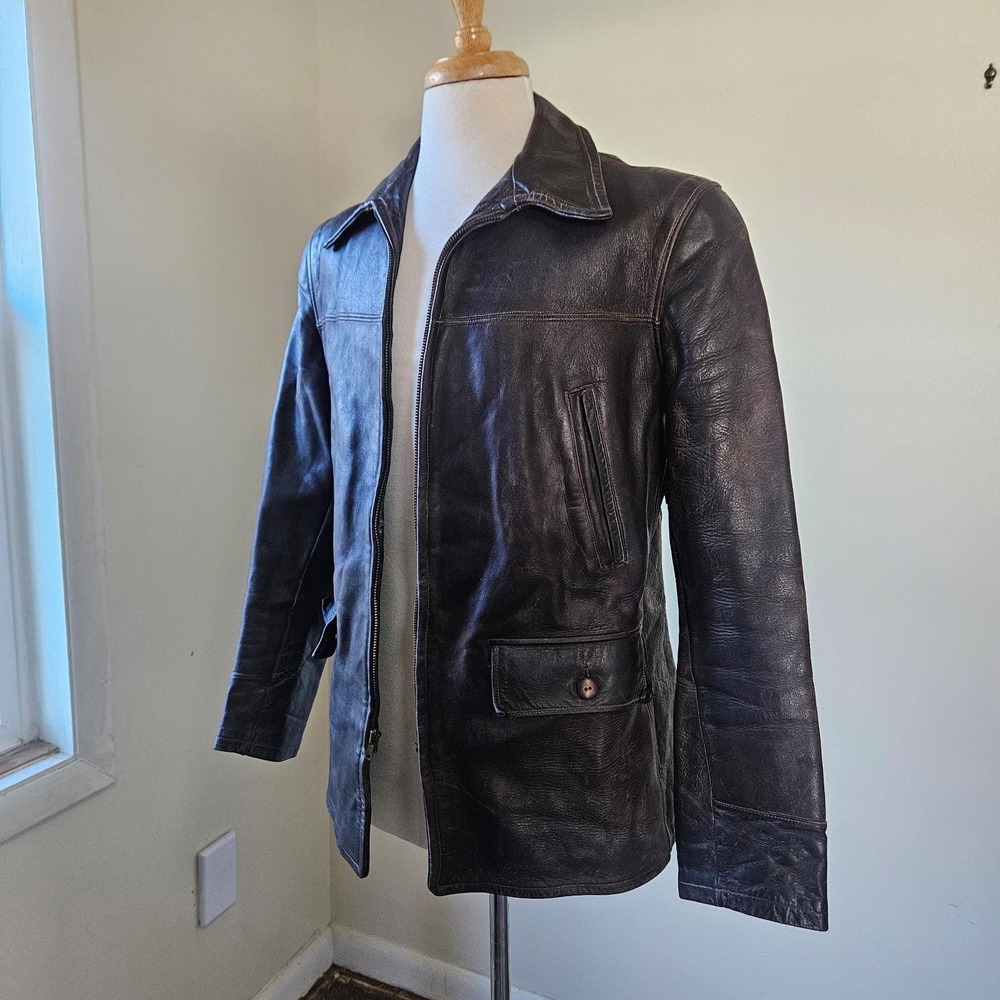 Vintage Penneys‎ Towncraft Leather Car Coat Brown 50s 60s Talon Zip Distressed - Picture 2 of 16